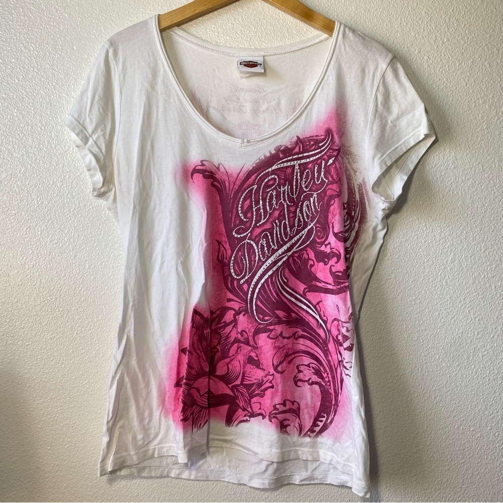 Harley Davidson White Pink Rhinestone Motorcycle Shirt Nashville Tennessee XL